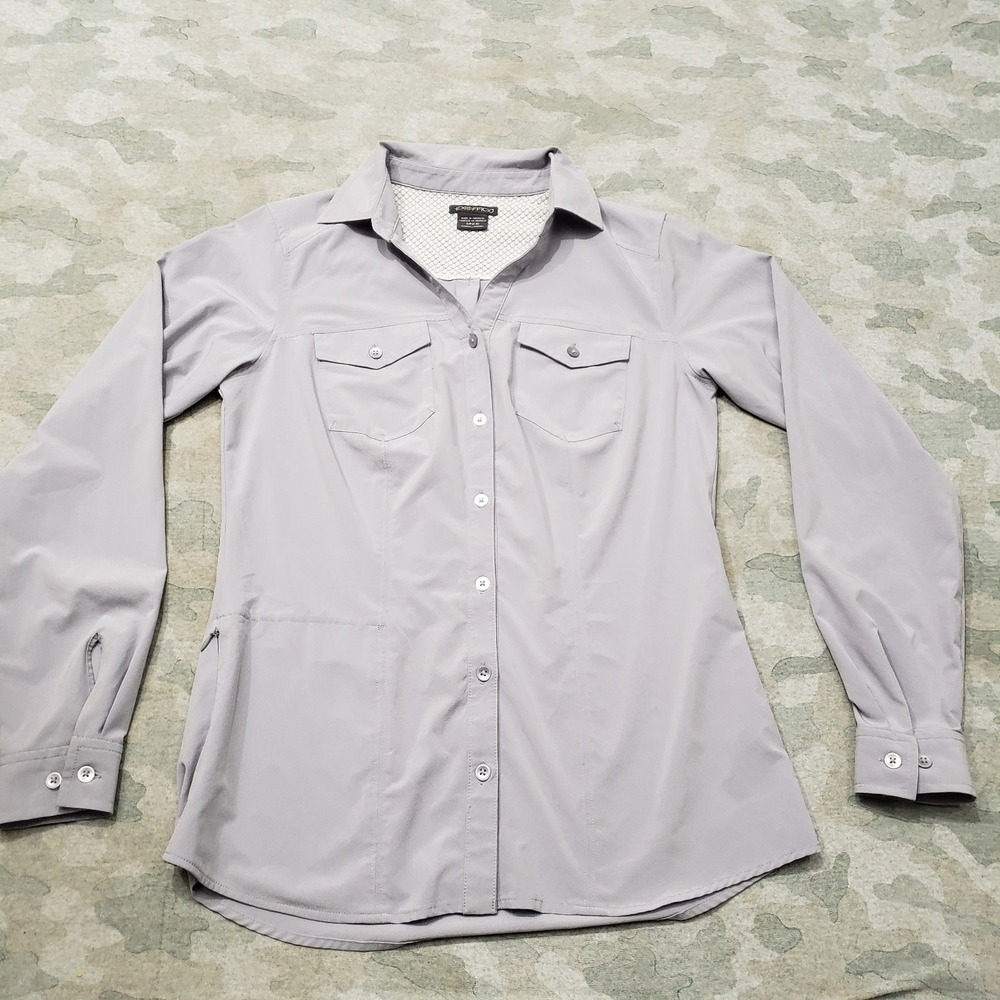Exofficio Top Womens Small Gray Pockets Long Sleeve Button-Up Fishing